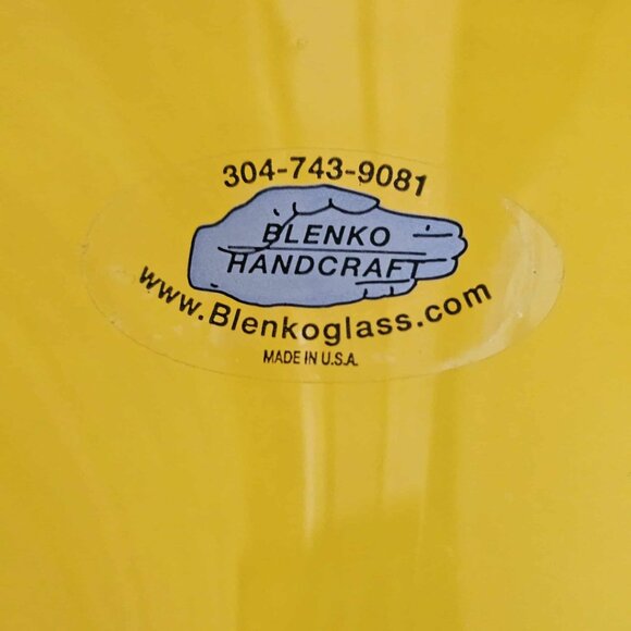 Vtge Blenko Glass Millennium Opaline Yellow Cobalt 12.25” Label Signed Fan Vase - Picture 5 of 7